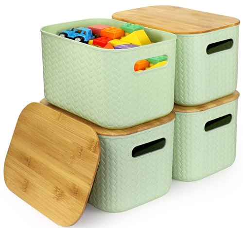 XJGQZ 4 Pack Plastic Storage Bins with Wooden Lids, Stackable Storage Containers with Lids, Storage Baskets for Organizing Desktop, Classroom and Office (Green)