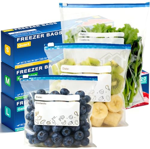 75 Pcs Freezer Bags - 3 Sizes Ziplock Bags Food(4.55L, 2.27L, 1L) | Sandwich Bags, Zip Lock Bags, BPA Free, Reusable Heavy Duty, for Fruits, Veggies, Meat, Snacks