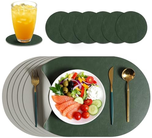 Tischsets 6er Set aus Kunstleder, Platzsets mit Untersetzern | 6 ovale Tischsets und 6 runde Untersetzer, doppelseitig nutzbar, rutschfest, wasserabweisend, hitzebeständig