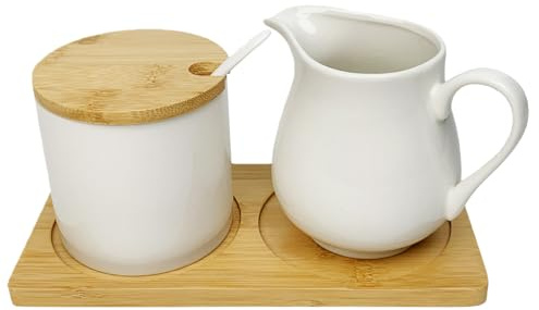 GOMETY Milch und Zucker Set, Zuckerdose Milchkännchen Set mit Deckel, Milchkännchen Schwarz Keramik und Zuckerdose mit Holztablet, Holzkohle-Zucker- und Sahnekännchen für Küche & Kaffee (Weiss)