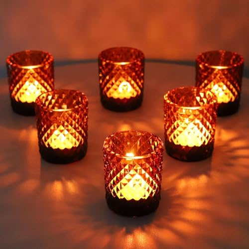 12er Set Bernsteinfarbene Teelichthalter aus Glas - 4 Verschiedene Vintage-Motive Kerzenhalter, 7 x 6,5 cm, Boho Windlicht für Heimdekoration, Hochzeiten & Thanksgiving