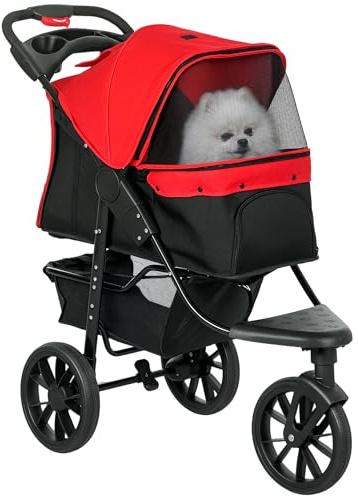 PawHut Poussette pour Chien Pliable 3 Roues Tout-Terrain 25kg - Grande Roue 12 Antichoc et Légère - Chariot Animaux avec Ouverture Arrière pour Petit Chien et Chiens Âgés de Moins de 10kg, Rouge