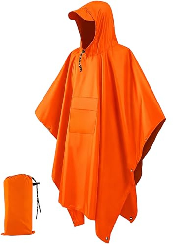 Infreecs Regnjacka regnponcho vattentät, 3-i-1 tält campingfilt regnjackor, unisex återanvändbar regncape, andningsbar regnrock med huva för camping vandring, apelsin, one size