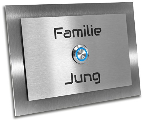 Jung-Edelstahl-Design Türklingel mit Gravur „Boston XL. Klingelplatte 17x12 cm. Klingelschild V2a Edelstahl. (LED blau)