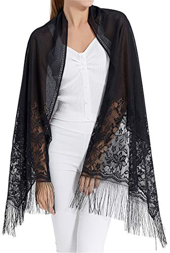 RIIQIICHY Stola Für Abendkleid Schal Stola Damen Festlich Umschlagtuch Umhang Schwarz Spitzenschal Mit Fransen für Hochzeit Party Braut