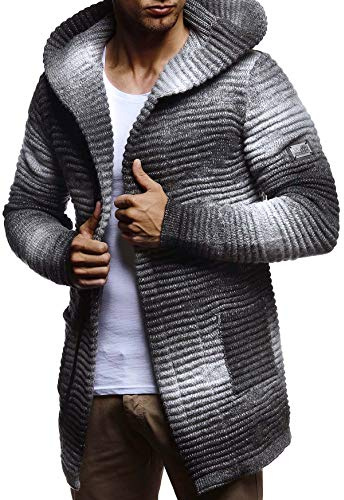 Leif Nelson Men Cardigan Jacket Hood LN-5715 Grey Black Small