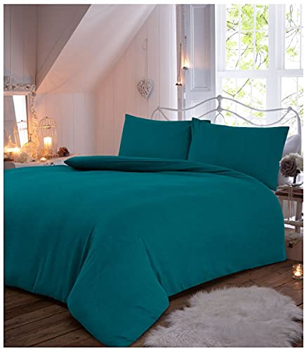 Gaveno Cavailia Plain Dyed Flannel Duvet Set Teal Double, 100% Brushed Cotton Flanneltte Bedding, 3 Piece Cosy Warm Bedlinen, Easy Care DuvetCover Bedset, 1 Quilt Cover and 2 Pillow Cases