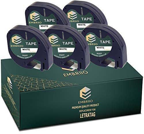 EMBRIIO 91201 S0721660 | 5 Kassetten Etiketten Schriftband Ersatz für LT-100H LT-100T LT-110T QX50 XR XM 2000 Plus | Schwarz auf Weiß | 12 mm x 4 m | Kunststoff