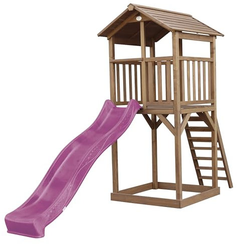 AXI Beach Tower Spielturm aus Holz in Braun | Spielhaus für Kinder mit lila Rutsche und Sandkasten | Stelzenhaus für den Garten