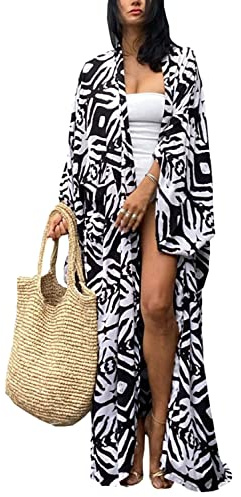 YouKD Lång kaftan bohemisk kofta strand baddräkt täcka klänning plusstorlek rock, Svart vit, en storlek