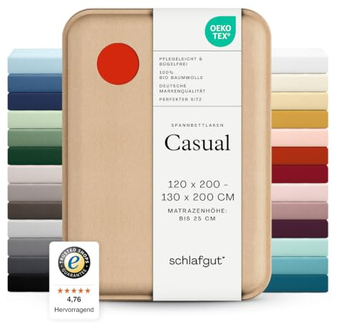 schlafgut Casual Spannbettlaken 120x200 cm 100% Bio-Baumwolle, Red Mid | Bettlaken, Spannbetttuch 130x200 cm, Rot, Jersey, Sommer, 150 g/m², bis 25 cm Steg, Made in Green, Rundumgummi