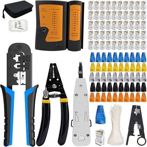 MAYLINEE pelacables alicates de CAT5 Comprobador de Cable de Red RJ45 4P/6P/8P CAT5 CAT6 Red Profesional Mantenimiento de la LAN Tester Herramientas de Reparación 50 Conectores (Naranja)