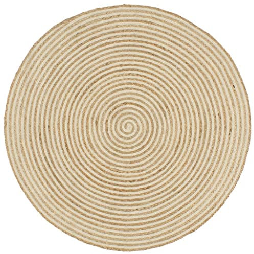 homiuse Teppich Handgefertigt Jute mit Spiralenmuster Weiß 120 cm Teppich Wohnzimmer Teppich Rund Outdoor Teppich Jute Teppich Waschbar Wohnzimmer Teppich Waschbare Teppiche Natur Teppich