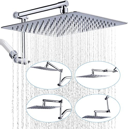 G-Promise Soffione doccia a pioggia in metallo da 38,1 cm con braccio di prolunga regolabile da 38,1 cm | Soffione a pioggia ad alta pressione | Soffione a cascata quadrato di lusso (cromo)