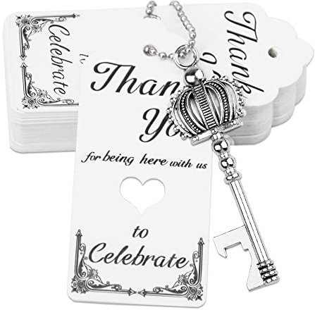 Aokbean 100 Pezzi Bomboniera Antica Chiave Apribottiglie Forma Corona Festa di Matrimonio Battesimo Segnaposto con Biglietto di Ringraziamento e Catena (Antico Argento)