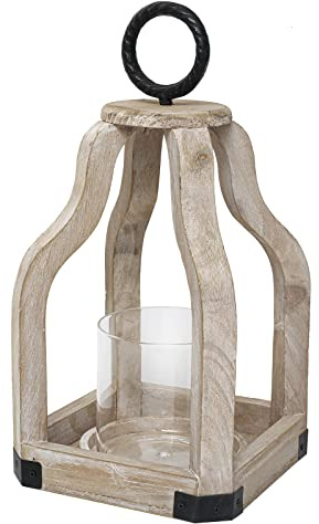 SWALLOWLIVING 13 Rustic Farmhouse Wood Candle Hurricane Lantern with Glass Candlestick Holder for Patio, Table Centerpiece, White Washed