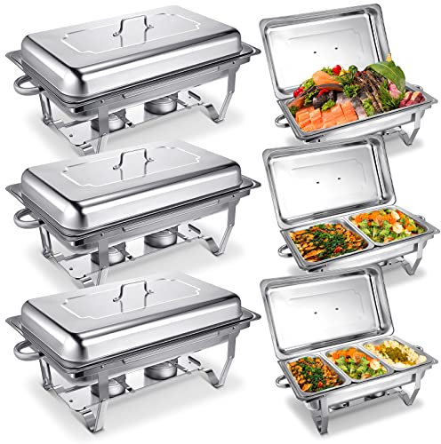 Hoolerry 6 Pcs Chafing Dish Buffet Set 9 Qt Stainless Steel Chafer Full Size Half Size 1/3 Size Chafing Food Pans Rectangular Catering Warmer Set for Parties Banquet Wedding Serving Dining