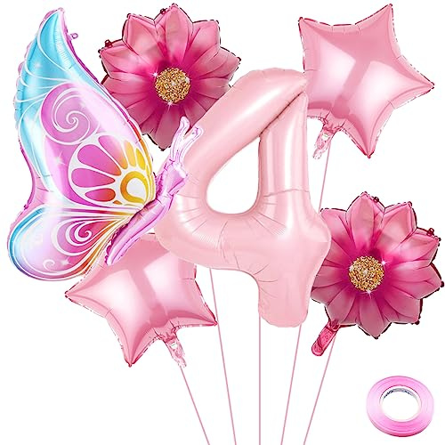 Weenkeey 4 Jahre Schmetterling Geburtstag Deko Große Schmetterling Folienballon 4. Geburtstag Schmetterling Luftballon Rosa Zahl 4 Luftballon für Mädchen Geburtstag Party