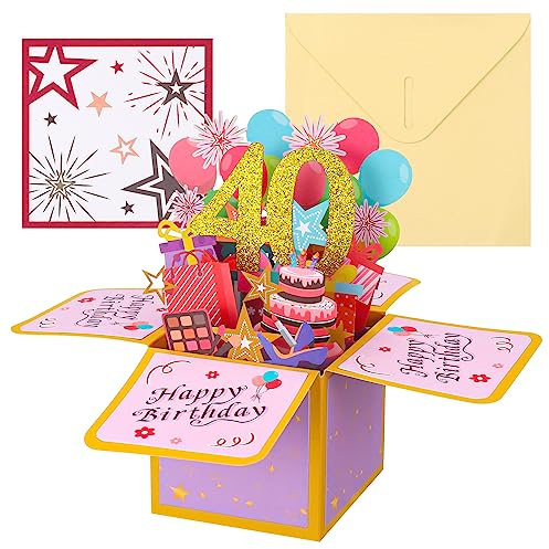 Firtink 40.Geburtstagskarte, 3D Pop Up Karte Grußkarten Glückwünsche mit Umschlag für Kinder Mama Frauen Männer Romantik Geschenk-Karte zum 40. Geburtstag | Glückwünsche mit Umschlag für Kinder Mama Frauen Männer Romantik Geschenk-Karte zum 40. Geburtstag