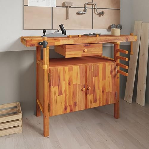 JUNZAI Werkbank mit Schubladen Schraubstöcken 124x52x83 cm Akazienholz, Werkstatteinrichtung, Werkbank Werkstatt, Werkzeugschrank, Werktisch, Werkzeugtisch, Werkbänke Für Heimwerker 153321