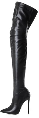 Overknee-Stiefel für Damen und Herren, High Heels, Reißverschluss, Leder, Oberschenkelhohe Stiefel, Kniehohe Stiefel, große Größe, Reißverschluss hinten, Persönlichkeitsstiefel,Schwarz,46 EU