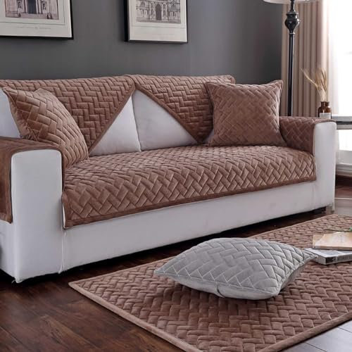 HLTQL Sofa üBerwurfdecke rutschfest，Ecksofa Bezug Samt Abnehmbar Waschbar，Couch üBerzug L Form 2/3/4/1 Sitzer，Solide Dicke Strukturierte Sofaschoner FüR Wohnzimmer(4coffee,70x150cm)