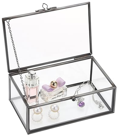 TOLIDA Kleine Vintage-Schmuckbox aus Glas, mit Deckel, Schwarz | Rechteckiger Aufbewahrungsbehälter, Tisch-Glas-Display-Box für Schmuck, Ringe, Armbänder, Halsketten