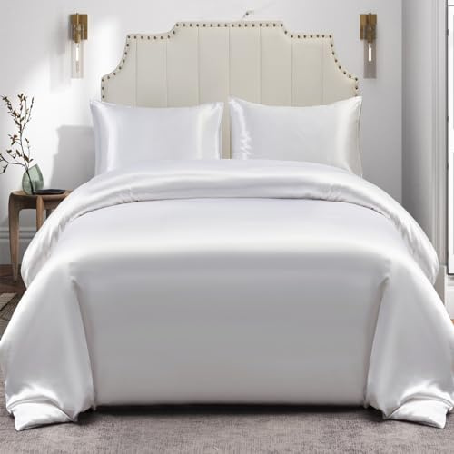 JHCHMX Satin Double Duvet Cover with 2 Pillowcases,Soft Luxury Silky Bedding Set With Zipper Closure- Cooling Duvet Cover Set White Double