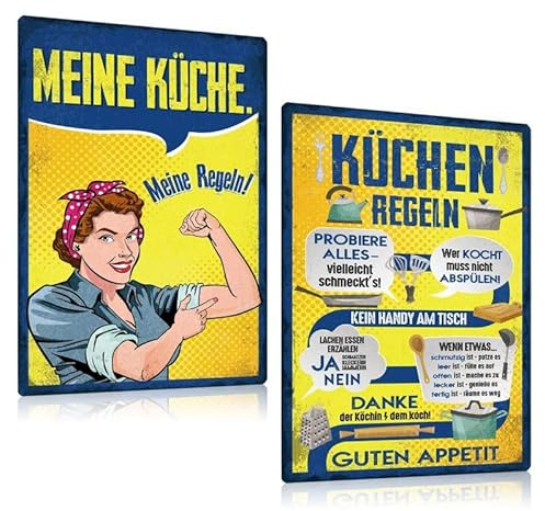 2ER KÜCHEN-SCHILDER SET 20x30cm - Retro Blechschilder Küche mit Spruch Lustig - Meine Küche Meine Regeln - Vintage Metall-schild Tür-schild Wand Dekoration Geschenk für Frauen Mama