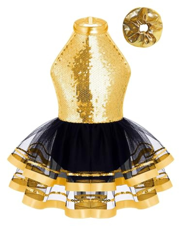 Rswnyirn Glitzer Mädchen Eiskunstlauf Kleid mit Haarband Ballettkleidung Set Rückenfrei Pailletten Tanzkleid Tanzanzug Latein Tütü Rock