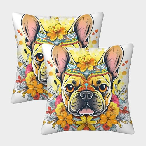 DCABEIOOE Französische Bulldogge 2er Set Tier Canine Cute Kissenbezug Sofa Sessel Terrasse 50x50cm