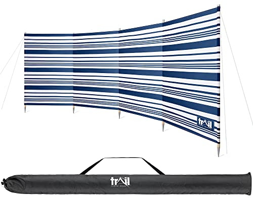Trail 5 Pole Wooden Windbreak with Bag, 3.6m x 1.25m Tall Windbreaker Sun Shelter Privacy Screen with Metal Spikes, Outdoor Camping Festival Garden (Blue & White Striped)
