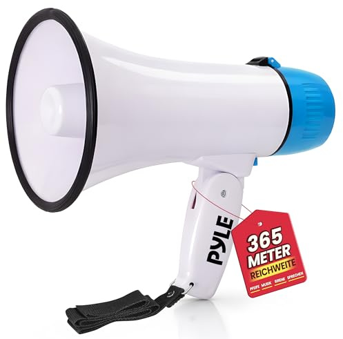 Pyle Megaphon mit Sirene & Mikrofon, Signalhorn 20 Watt mit Lautsprecher, Schultergurt, Aufnahmefunktion & Aux-Anschluss, Mini Megafon Kinder & Erwachsene, Robustes Tröte Faltbar für Indoor & Outdoor