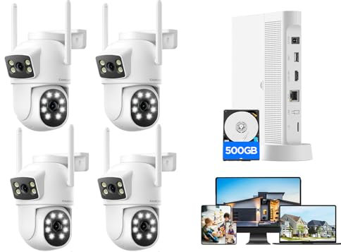 【Dual-Lens】CAMCAMP Wireless CCTV Camera System with 10CH NVR & 500GB HDD, 4 PTZ Wi-Fi Cameras, Twin-Lens Tech, Color Night Vision, Auto Tracking, Human Detection, APP Alarm, Two Way Audio
