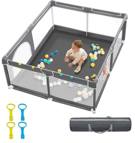 derimkcoa Laufstall Baby,Laufgitter Baby,Kinderzaun mit Atmungsaktivem Netz,Tragbarer Laufstall für Drinnen und Draußen(150x180x66cm,Grau)