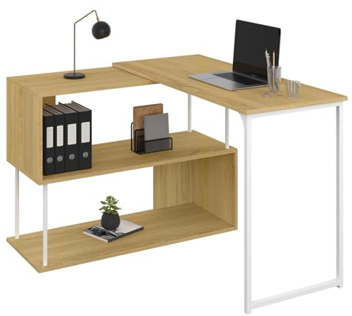 IDMarket – Escritorio esquinero giratorio 180° Detroit estante Forma S Diseño industrial Madera y metal Blanco