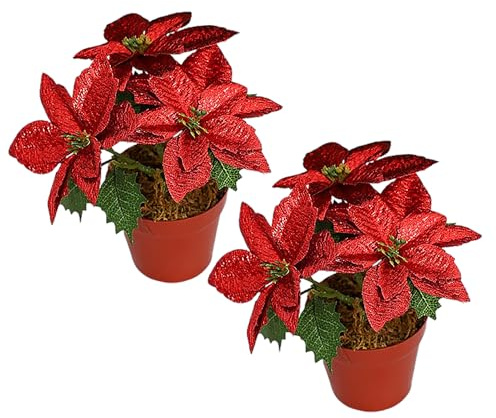 Marooma - Juego de 2 Flores Artificiales de Navidad en Maceta, Diseño de Flores de Pascua Rojas, Plantas Artificiales en Maceta para Decoración de Interior y Exterior, Hogar,