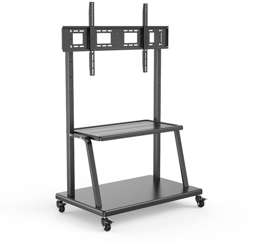 Ewent Soporte de TV Premium de Acero, Carro Móvil con Ruedas para Pantallas de Plasma/LED/LCD de 55 a 120 Pulgadas, Soporte de Suelo para TV hasta 150 kg, Ajustable en Altura y Ancho, con 2 Estantes