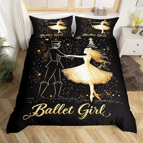 Homewish Black Gold Christmas King Duvet Cover,Snowflake Nutcracker Bedding Set Gifts for Kids Girls Boys Xmas Decorations,Winter Snow Bed Set Ballet Princess Duvet Cover 3Pcs (No Comforter)