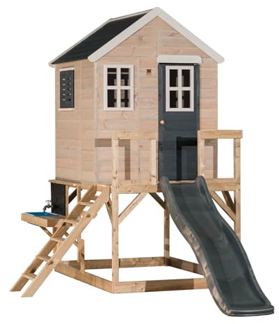 Wendi Toys M22G-K Cabane sur pilotis avec Toboggan 175 cm et Cuisine extérieure, Bois FSC, 310×197×242 cm, avec échelle, Tableau Noir, Maison de Jeu Enfant, Robuste et résistante, Grise