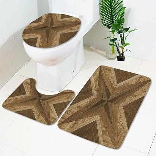 Bad Teppiche Set Braunholzgeometrie Badezimmerteppich Waschbar WC Vorleger mit Ausschnitt und WC Deckelbezug 3 Teilig Badematte rutschfest Toilettensitzbezug Badgarnitur 45x75 cm