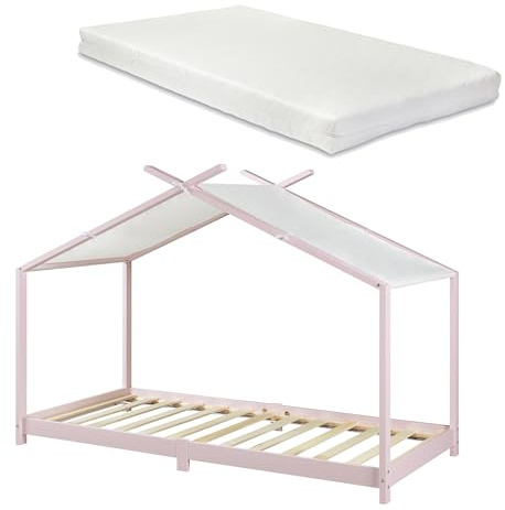 [en.casa] Lit Enfant Forme Maison avec Matelas à Mousse Froid Respirant Sommier à Lattes Lit Cabane pour Chambre d'enfant Bois de Pin Contreplaqué 90 x 200 cm Rose Blanc