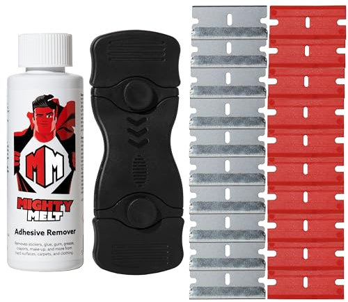 Mighty Melt Adhesive Remover Kit – Includes 125ml Adhesive Remover and Multi-Surface Plastic Scraper Tool - For Cleaning Sticky Residue, Labels, Stickers & Sticky Tape from Windows, Ovens, Hobs & More