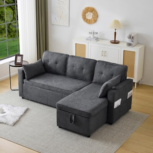 Lubvtti Sofá en forma de L de diseño moderno con función de cama, espacio de almacenamiento y portavasos, sofá cama para salón, chaise longue izquierda y derecha intercambiables (gris)