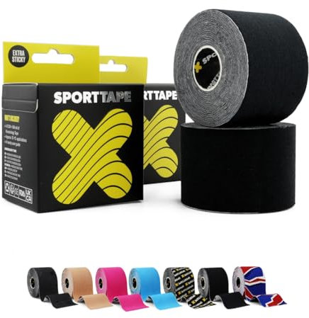 2 Rotoli SPORTTAPE Nastro Kinesiologico 5cm x 5m - Nero | Nastro Sportivo per Lesioni, Recupero Muscolare, Ginocchio, Spalla, Caviglia | Impermeabile, Ipoallergenico, Adesione Forte
