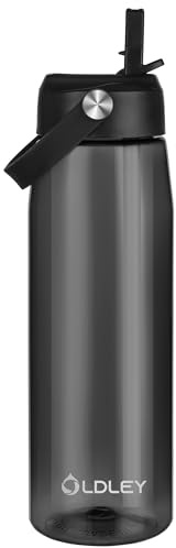 OLDLEY 1000ml/32oz Water Bottle with Straw Tritan 1 Litre Clear Drinks Bottle with Handle BPA Free Leakproof Reusable Large Sports Bottle for Gym, School, Cycling (Midnight Black)
