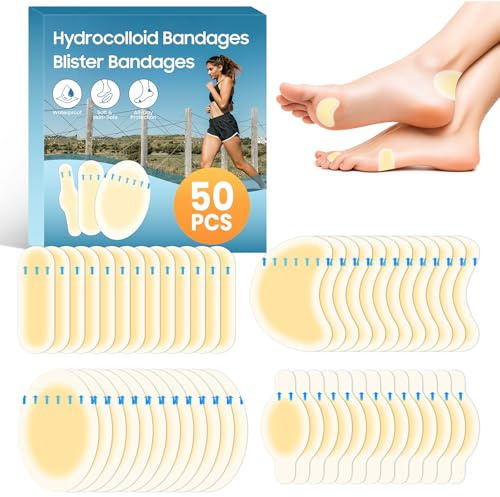 50Pcs Hydrocolloid Bandages，Blister Bandages for Feet, Waterproof Heel & Toe Pads with Cushion Protection, 4 Shape Variety Pack for Blister Prevention