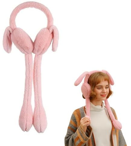 bhb Kinder Mädchen Damen Winter Ohrenwärmer Ohrenschützer mit Hasenohren beweglich Plüsch Kunstpelz Gestrickt Warm Weich Ohrenschutz Mode Accessoire süß stylisch Geschenk Weihnachten (Pink)