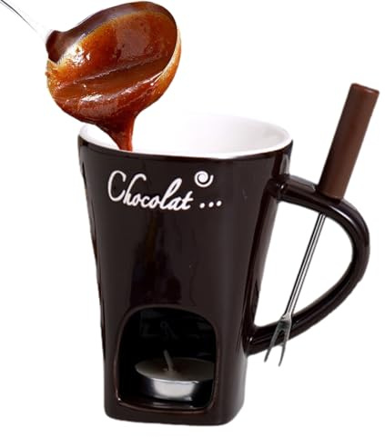 Chokladfonduemugg, 130 ml smöruppvärmningskopp, keramisk chokladsmältmugg, multifunktionell smörvärmare med fonduegaffel för eftermiddagste, bufféer och små gruppbehandlingssessioner