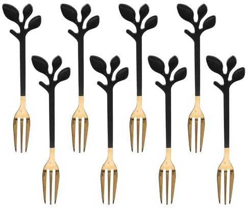 POPETPOP 8 Tenedores de Postre de Acero Inoxidable Negro y Oro, Tenedores Pequeños para Degustación de Frutas, Utensilios Delicados para Postres y Aperitivos en Hogar y Fiesta